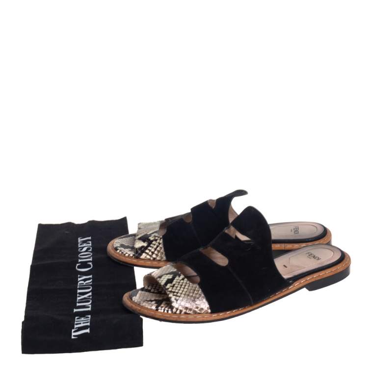 Pre Owned Fendi Black Suede And Two Tone Python Cut Out Flat Slides Size 39