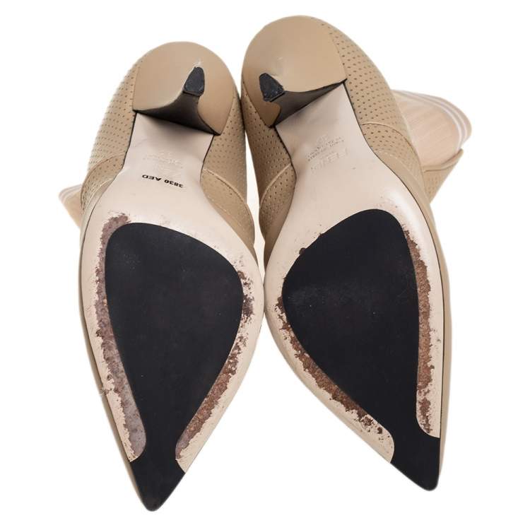 Pre Owned Fendi Beige Leather Rockoko Ankle Length Boots Size 37