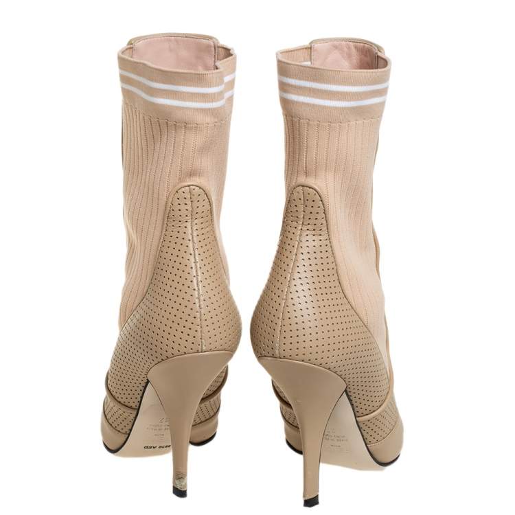 Pre Owned Fendi Beige Leather Rockoko Ankle Length Boots Size 37
