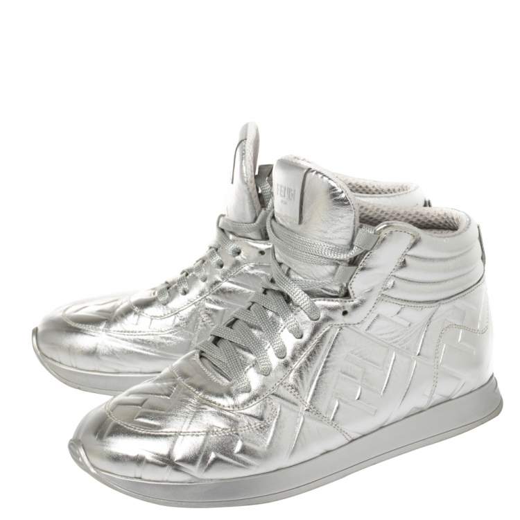 Pre Owned Fendi Silver Leather FF High Top Sneakers Size 38