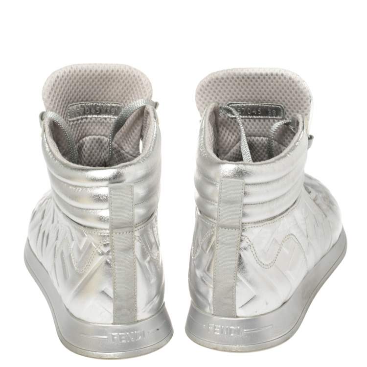 Pre Owned Fendi Silver Leather FF High Top Sneakers Size 38