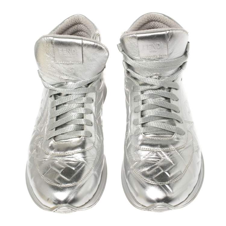 Pre Owned Fendi Silver Leather FF High Top Sneakers Size 38