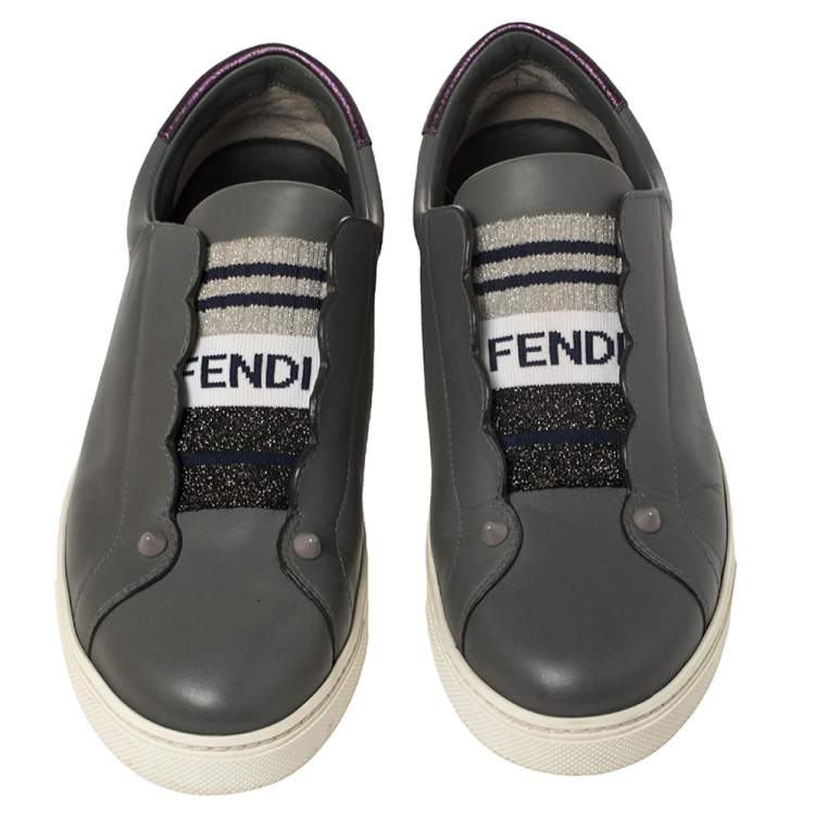Pre Owned Fendi Grey Leather Logo Knit Rockoko Scallop Detail Slip On Sneakers Size 37