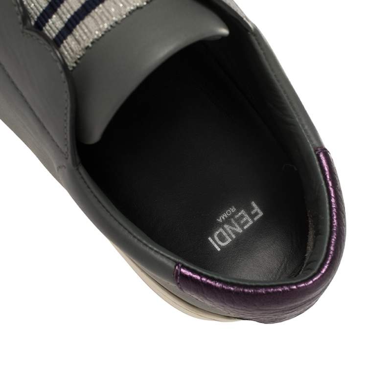 Pre Owned Fendi Grey Leather Logo Knit Rockoko Scallop Detail Slip On Sneakers Size 37