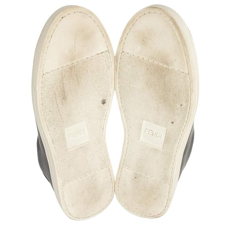 Pre Owned Fendi Grey Leather Logo Knit Rockoko Scallop Detail Slip On Sneakers Size 37