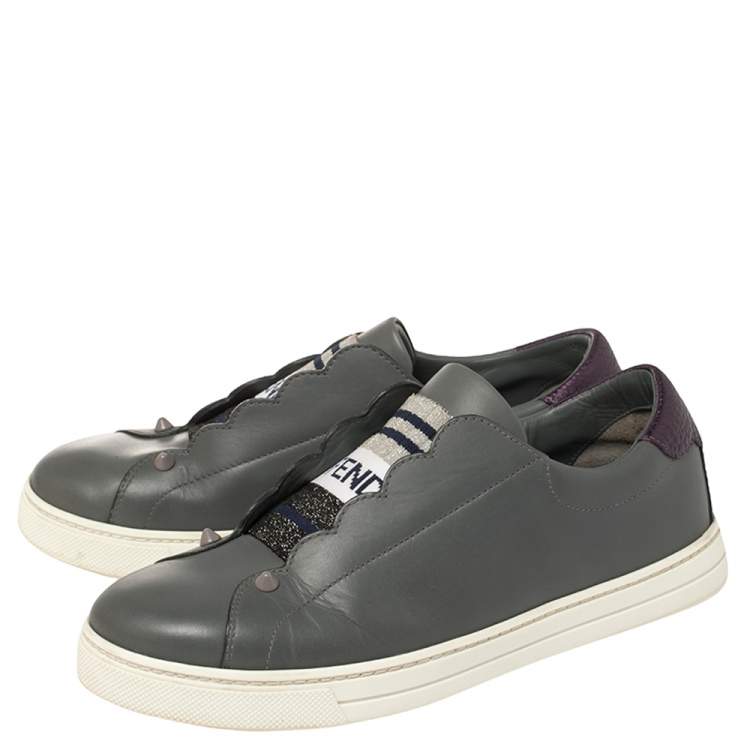 Pre Owned Fendi Grey Leather Logo Knit Rockoko Scallop Detail Slip On Sneakers Size 37