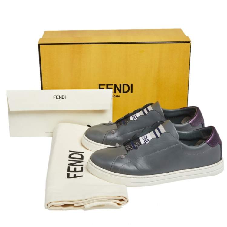 Pre Owned Fendi Grey Leather Logo Knit Rockoko Scallop Detail Slip On Sneakers Size 37