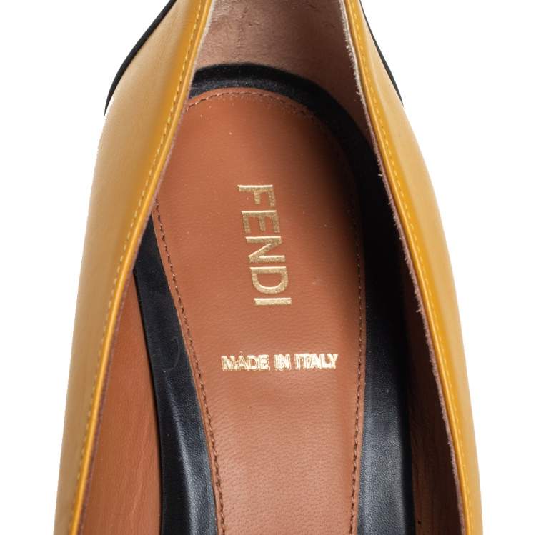 Pre Owned Fendi Yellow/Black Leather Cap Toe Block Heel Pumps Size 38.5