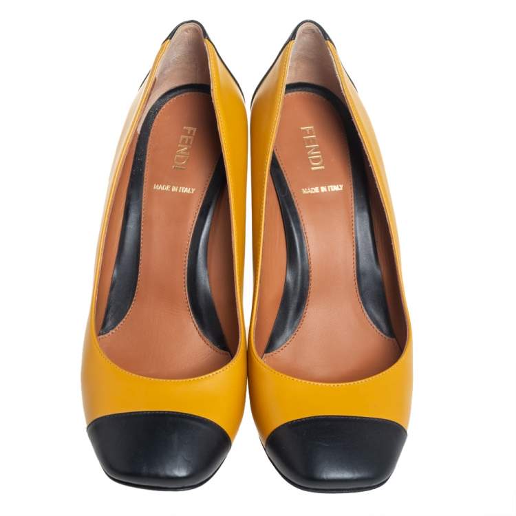 Pre Owned Fendi Yellow/Black Leather Cap Toe Block Heel Pumps Size 38.5