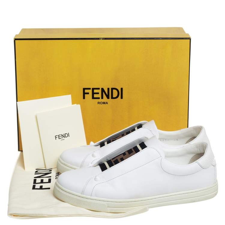Pre Owned Fendi White Leather And Brown FF Knit Fabric Rockoclick Low Top Sneakers Size 38