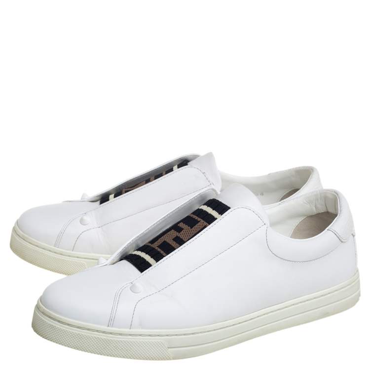 Pre Owned Fendi White Leather And Brown FF Knit Fabric Rockoclick Low Top Sneakers Size 38