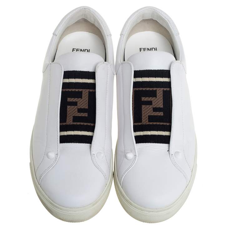 Pre Owned Fendi White Leather And Brown FF Knit Fabric Rockoclick Low Top Sneakers Size 38