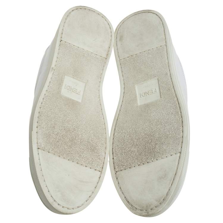 Pre Owned Fendi White Leather And Brown FF Knit Fabric Rockoclick Low Top Sneakers Size 38
