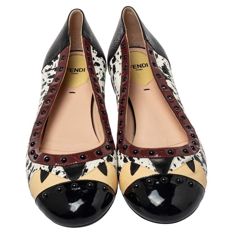 Pre Owned Fendi Multicolor Python/Lizard Embossed Leather And Patent Leather Trim Cap Toe Monster Ballet Flats Size 41