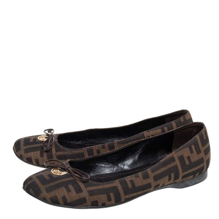 Pre Owned Fendi Brown Zucca Canvas Logo Bow Ballet Flats Size 39.5