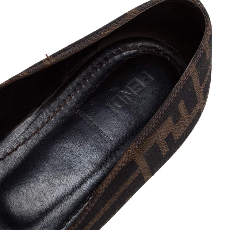 Pre Owned Fendi Brown Zucca Canvas Logo Bow Ballet Flats Size 39.5