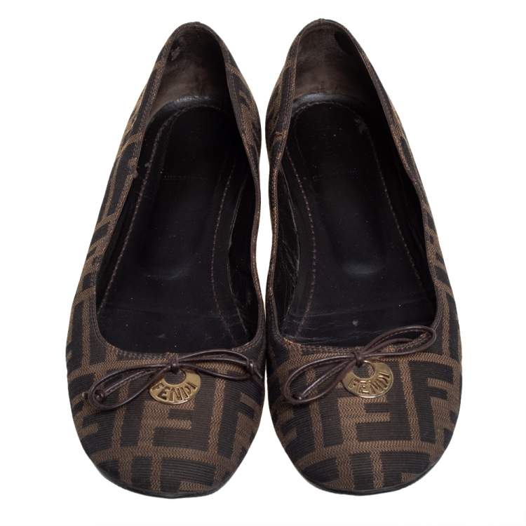 Pre Owned Fendi Brown Zucca Canvas Logo Bow Ballet Flats Size 39.5