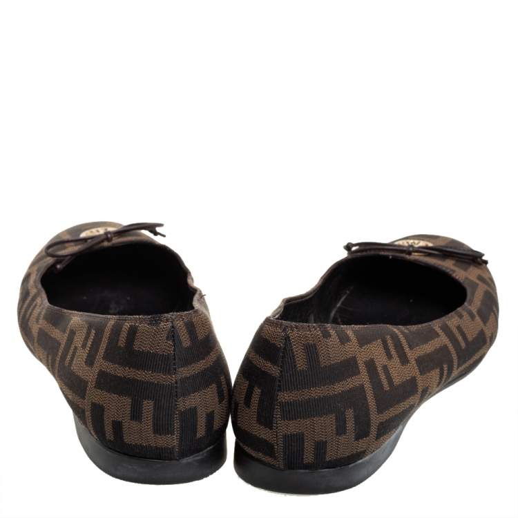 Pre Owned Fendi Brown Zucca Canvas Logo Bow Ballet Flats Size 39.5