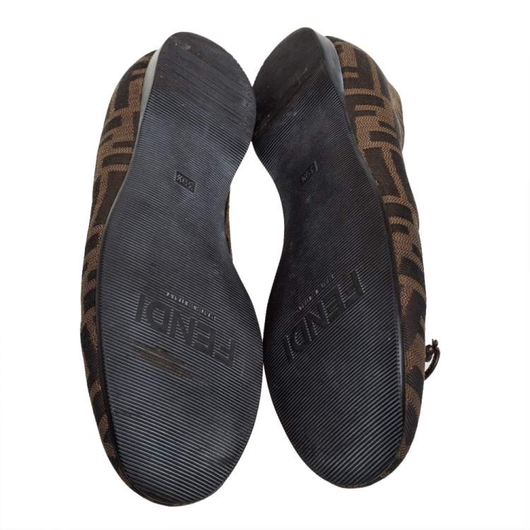 Pre Owned Fendi Brown Zucca Canvas Logo Bow Ballet Flats Size 39.5