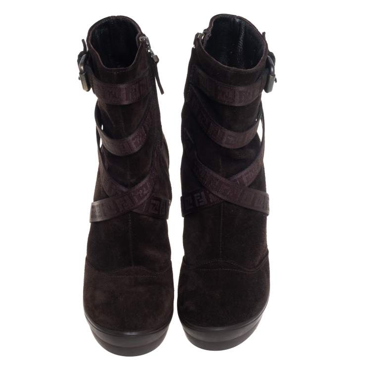 مملوكة مسبقًا Fendi Brown Suede Strap Detail Platform Ankle Boots Size 37.5