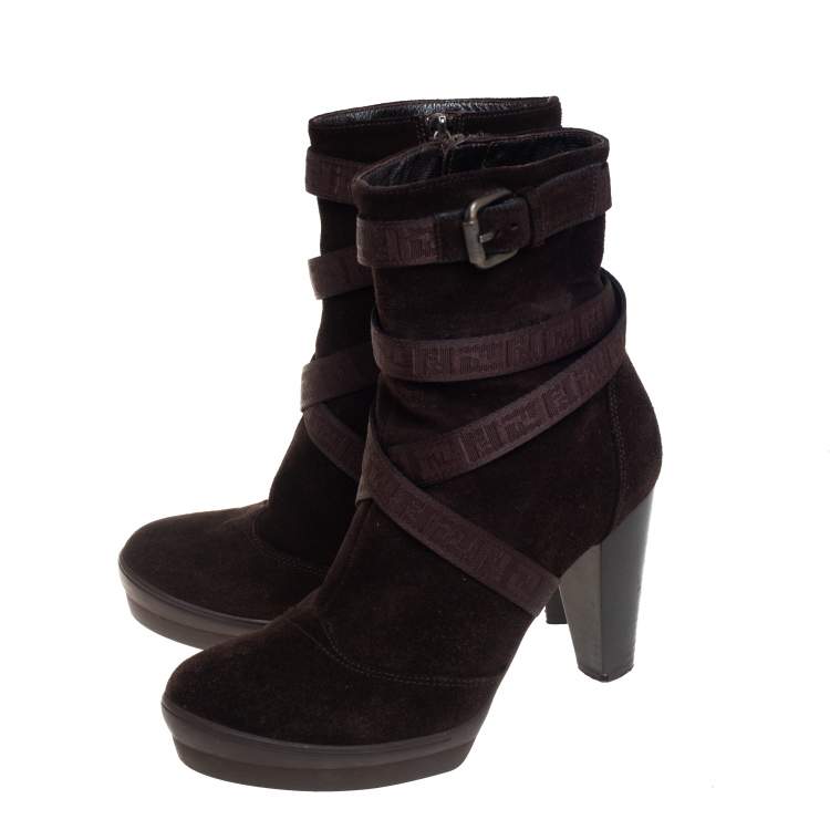 مملوكة مسبقًا Fendi Brown Suede Strap Detail Platform Ankle Boots Size 37.5