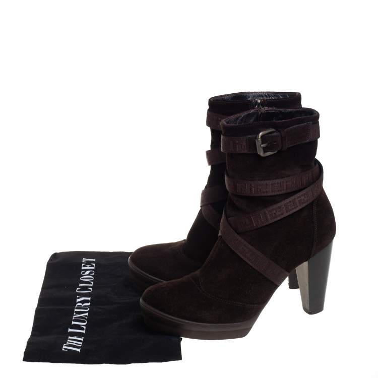 مملوكة مسبقًا Fendi Brown Suede Strap Detail Platform Ankle Boots Size 37.5