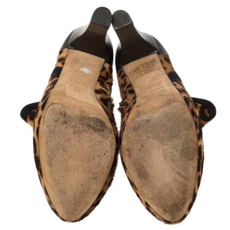 مملوكة مسبقًا Fendi Leopard Print Pony Hair Platform Ankle Booties Size 37.5