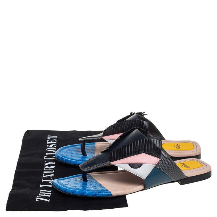 Pre Owned Fendi Multicolor Bugs Paneled Leather Thong Flats Size 37