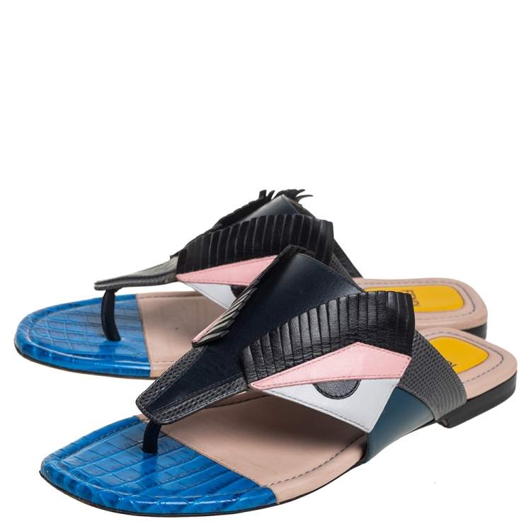 Pre Owned Fendi Multicolor Bugs Paneled Leather Thong Flats Size 37