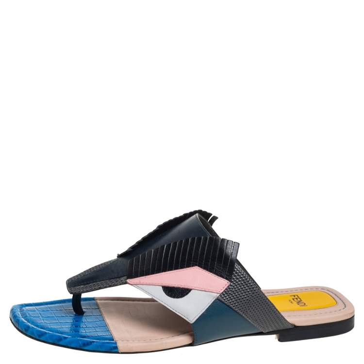 Pre Owned Fendi Multicolor Bugs Paneled Leather Thong Flats Size 37