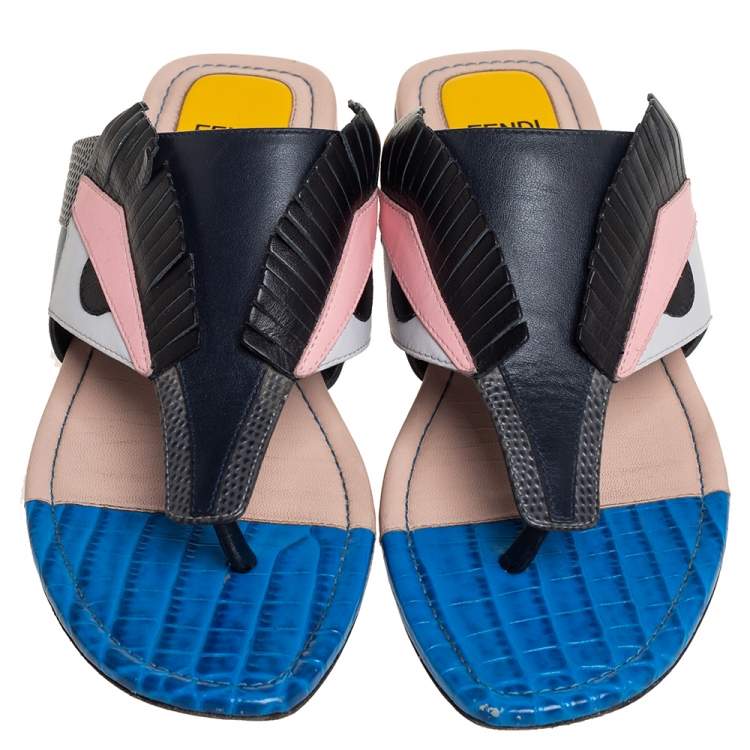 Pre Owned Fendi Multicolor Bugs Paneled Leather Thong Flats Size 37