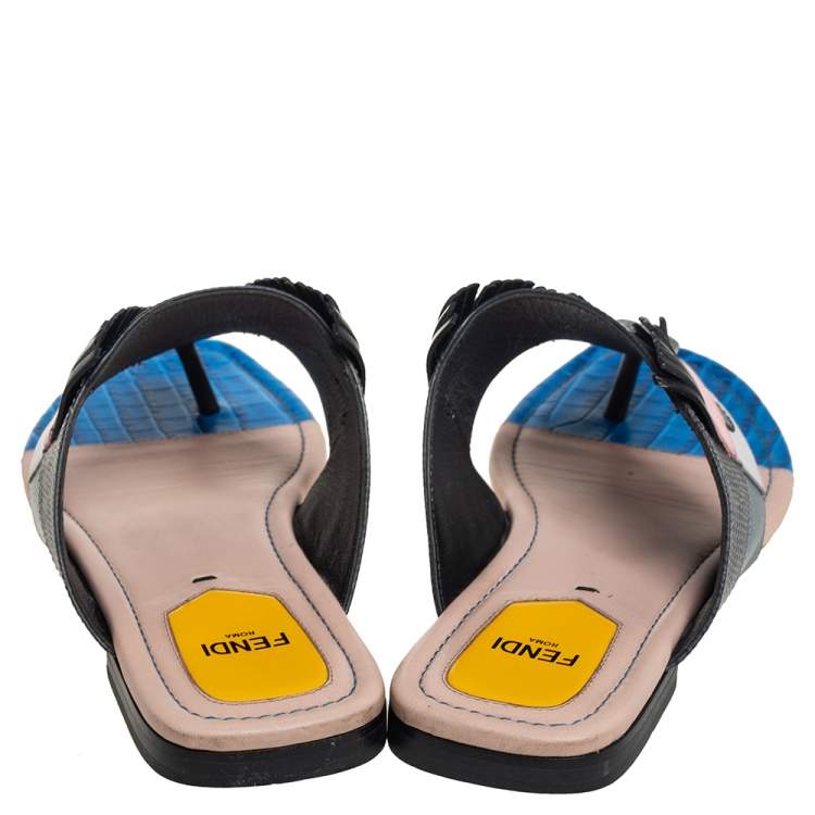 Pre Owned Fendi Multicolor Bugs Paneled Leather Thong Flats Size 37