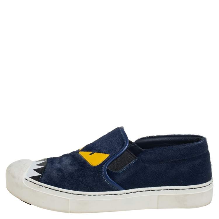 مملوكة مسبقًا Fendi Blue/White Fur and Leather Monster Slip On Sneakers Size 38
