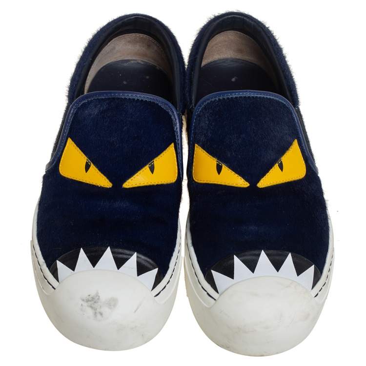 مملوكة مسبقًا Fendi Blue/White Fur and Leather Monster Slip On Sneakers Size 38