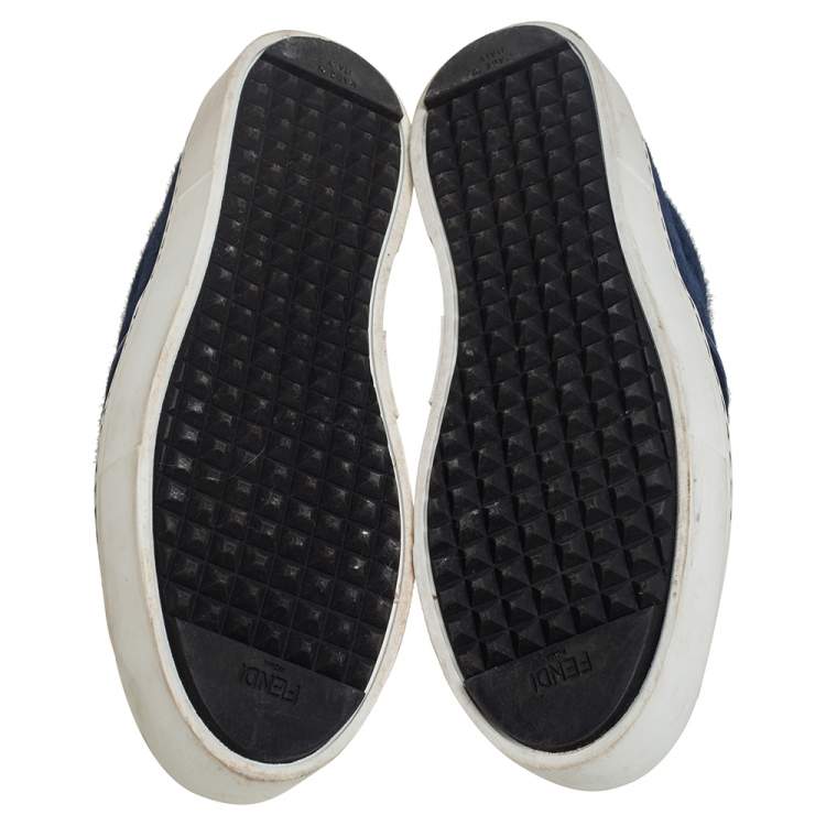 مملوكة مسبقًا Fendi Blue/White Fur and Leather Monster Slip On Sneakers Size 38