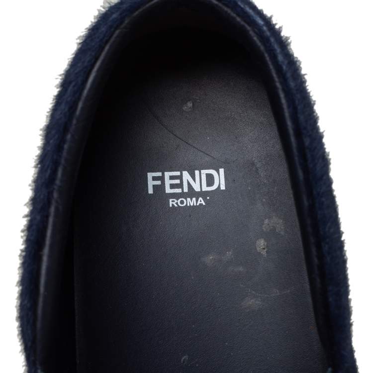 مملوكة مسبقًا Fendi Blue/White Fur and Leather Monster Slip On Sneakers Size 38