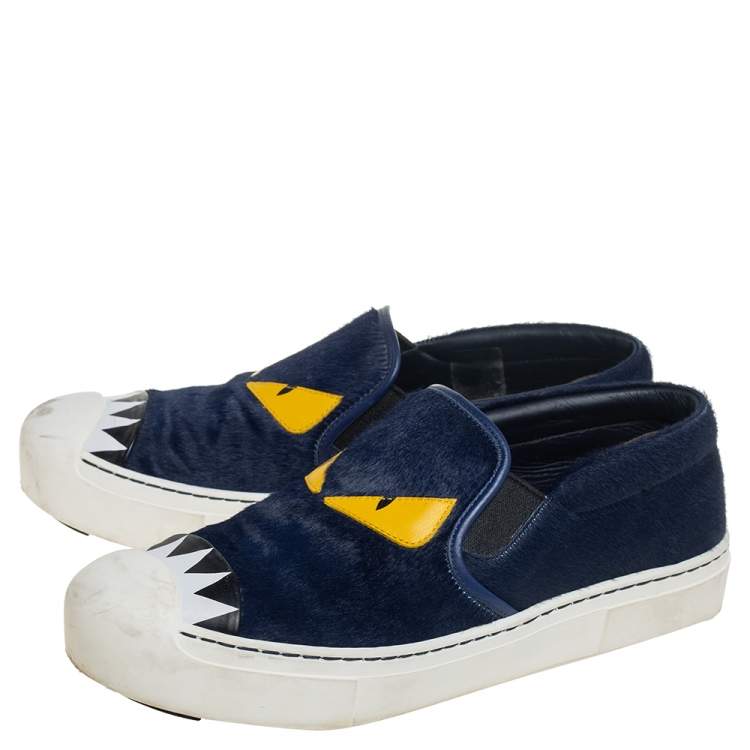 مملوكة مسبقًا Fendi Blue/White Fur and Leather Monster Slip On Sneakers Size 38