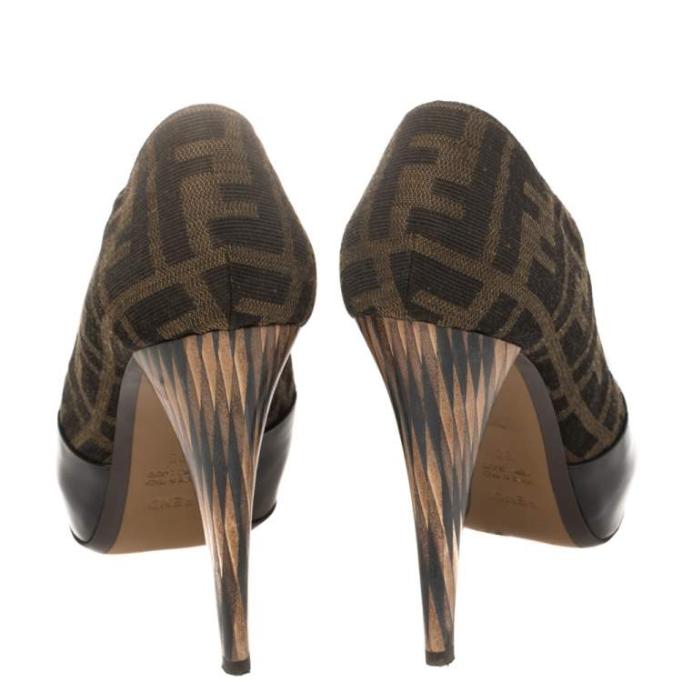 Pre Owned Fendi Black/Brown Patent Leather and Zucca Canvas Booties Size 38