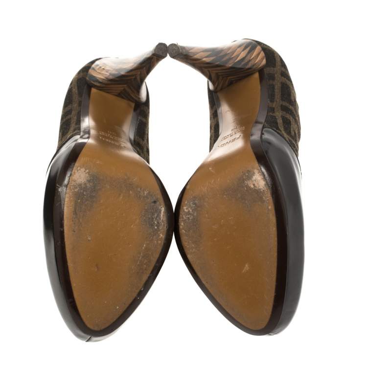 Pre Owned Fendi Black/Brown Patent Leather and Zucca Canvas Booties Size 38
