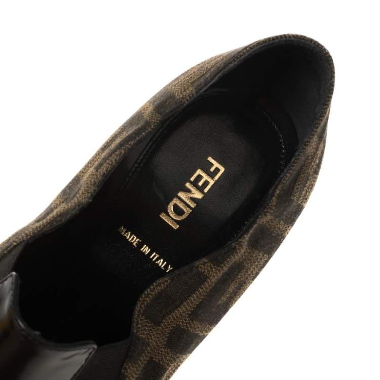 Pre Owned Fendi Black/Brown Patent Leather and Zucca Canvas Booties Size 38