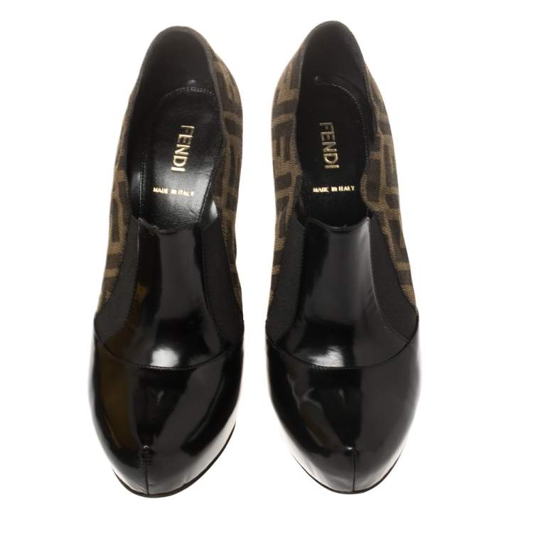 Pre Owned Fendi Black/Brown Patent Leather and Zucca Canvas Booties Size 38