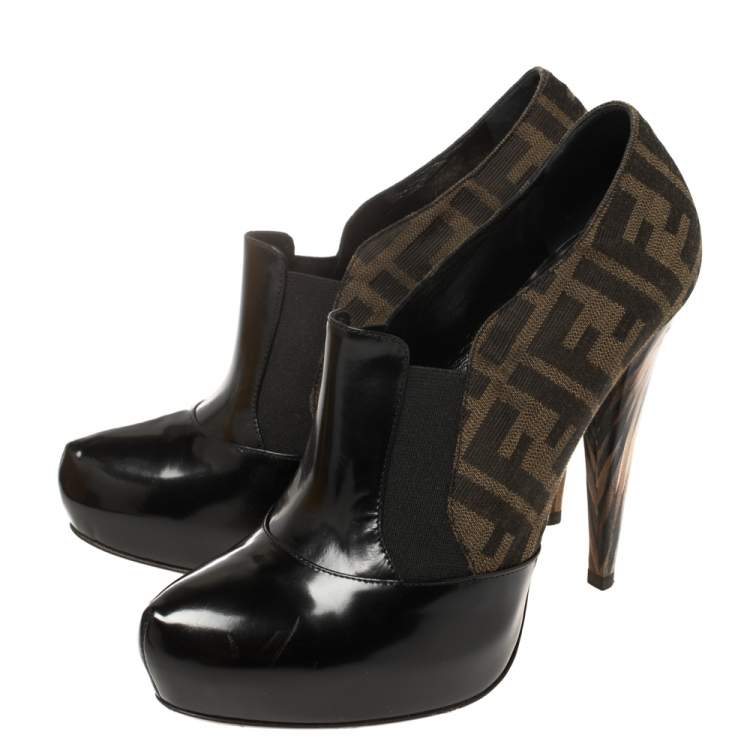 Pre Owned Fendi Black/Brown Patent Leather and Zucca Canvas Booties Size 38