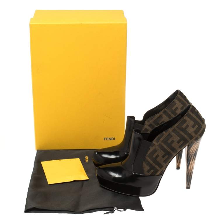 Pre Owned Fendi Black/Brown Patent Leather and Zucca Canvas Booties Size 38