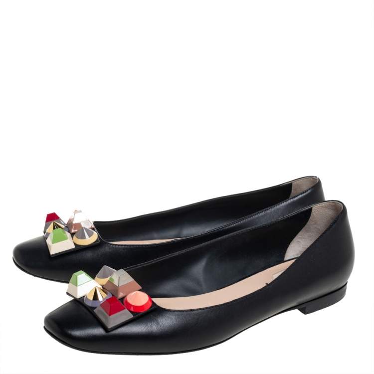 Pre Owned Fendi Black Leather Rainbow Studded Skimmer Flats Size 38.5