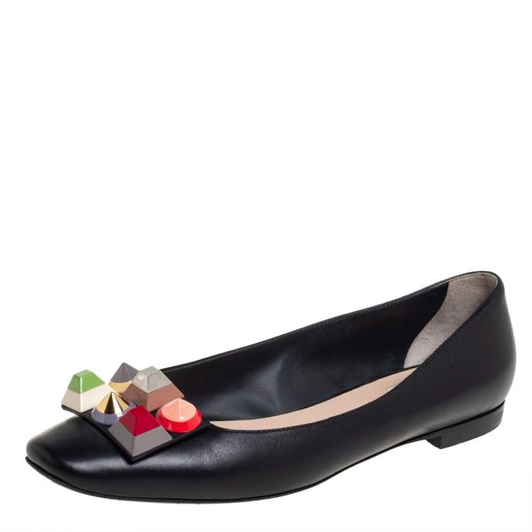Pre Owned Fendi Black Leather Rainbow Studded Skimmer Flats Size 38.5