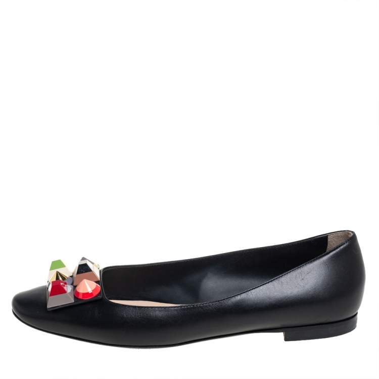 Pre Owned Fendi Black Leather Rainbow Studded Skimmer Flats Size 38.5