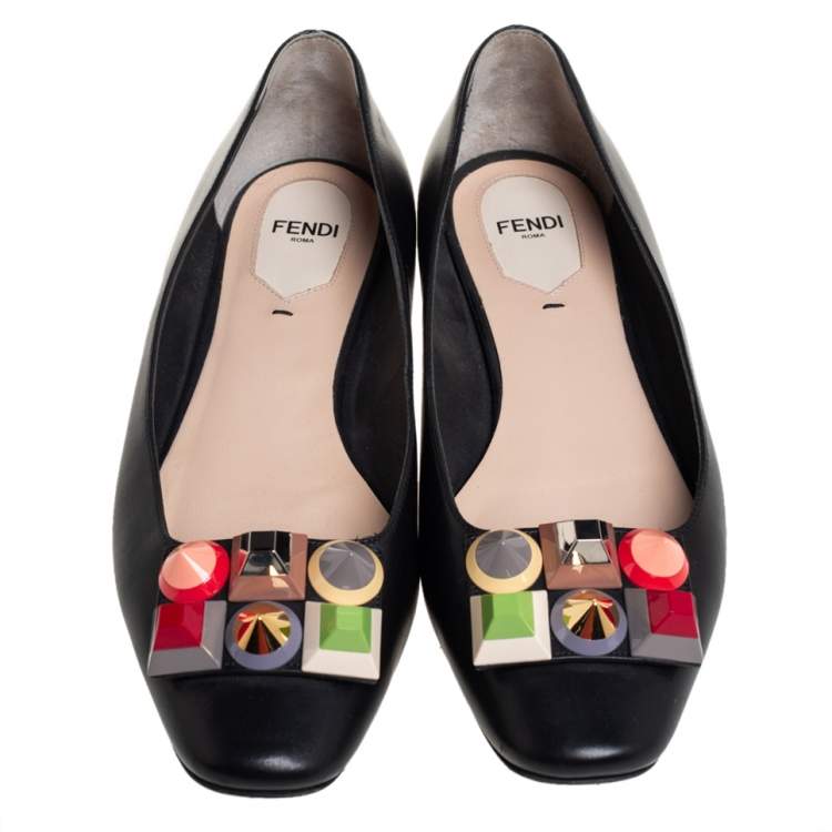 Pre Owned Fendi Black Leather Rainbow Studded Skimmer Flats Size 38.5