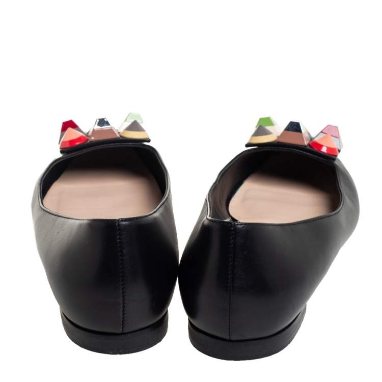 Pre Owned Fendi Black Leather Rainbow Studded Skimmer Flats Size 38.5
