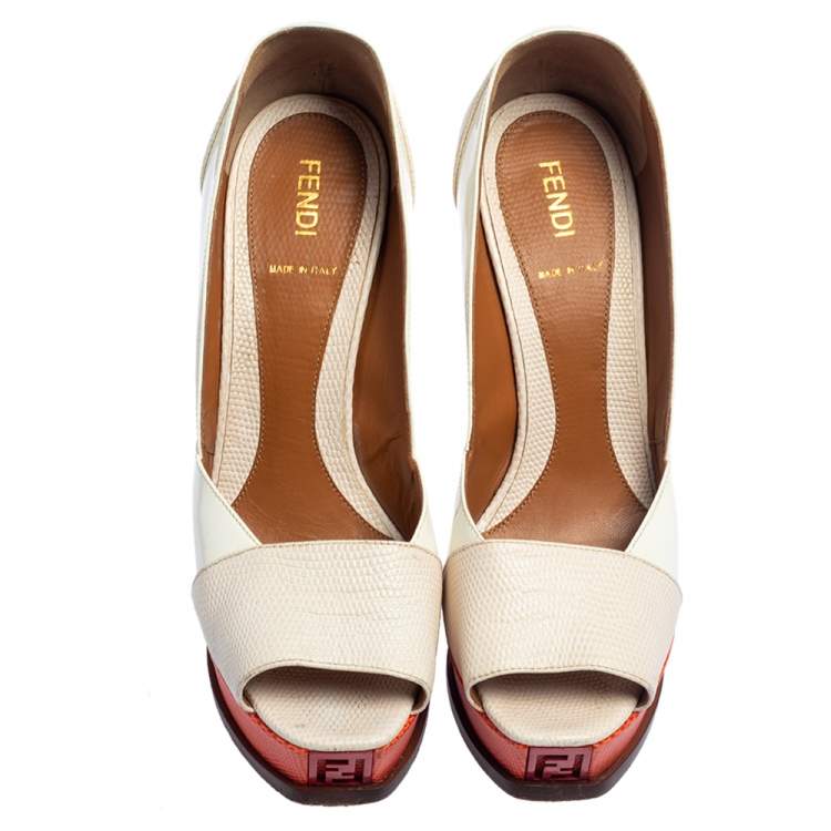 Pre Owned Fendi White/Orange Lizard Embossed Leather And Patent Leather Fendista Platform Pumps Size 38.5
