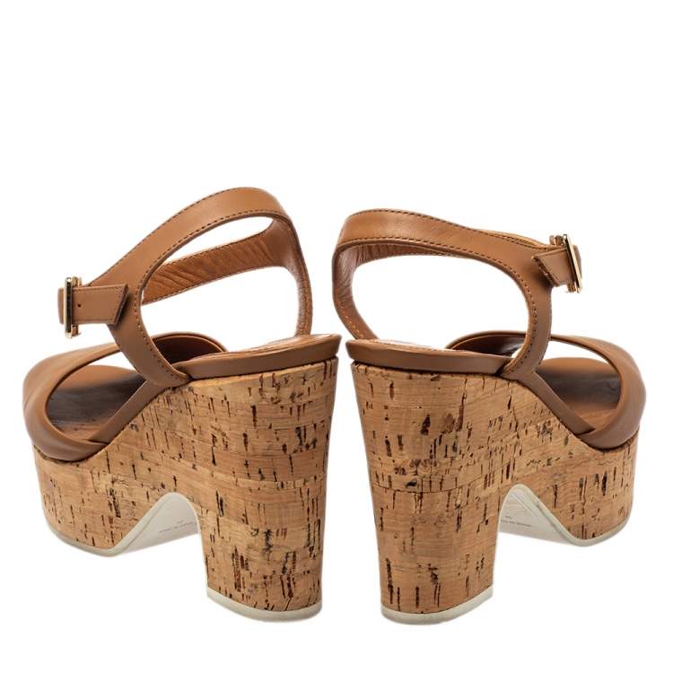Pre Owned Fendi Brown Leather Cork Wedge Platform Ankle Strap Sandals Size 35
